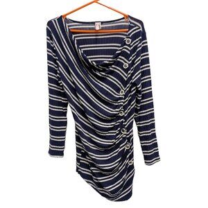 J Mode Womens Striped Tunic Top XL Blue White Cowl Neck Long Sleeve Side Buttons